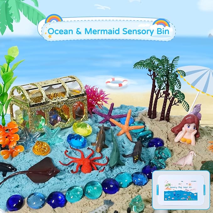 Ocean Mermaid Sensory Bin, Kids Underwater Play Sand Kit, Under The Sea Sensory Sandbox Toys with 2.2lbs Magic Sand, Sea Animals Figures, Sensory Sand Toys for Toddlers 1-3-5-7