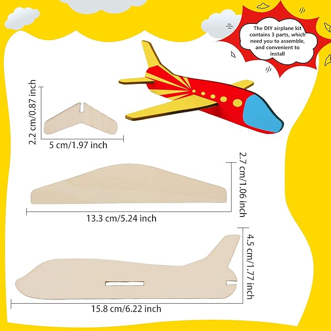Feradny 24 Pack Unfinished Wooden Airplane Model Toys DIY Model Planes Wood Plane kit Handcraft Plane to Paint for Kids School Art Activity Birthday Carnival Party (Color Style 3)…