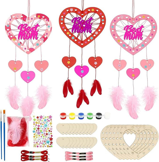 Fennoral 6 Pack Heart Dream Catcher Craft Kit for Kids Paint You Own Mother's Day Dream Catcher DIY Coloring Wooden Art and Craft for Art Activity Project Mom's Birthday Valentine's Day Decoration