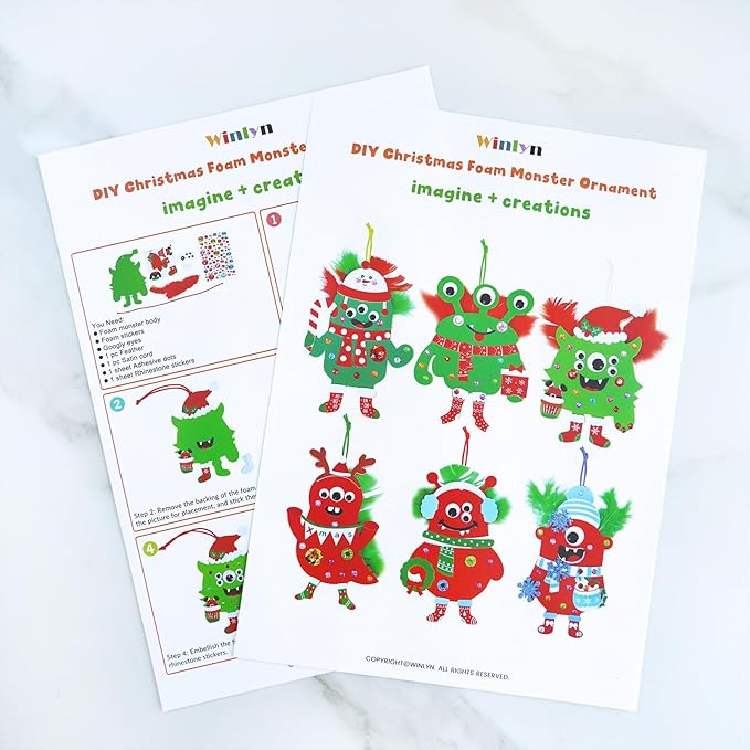 Winlyn 24 Sets Christmas Craft Kits Winter Crafts DIY Monster Ornaments Decorations Art Sets Foam Monster Christmas Stickers Googly Eyes Feathers for Kids Holiday Home Classroom Activities Party Favor
