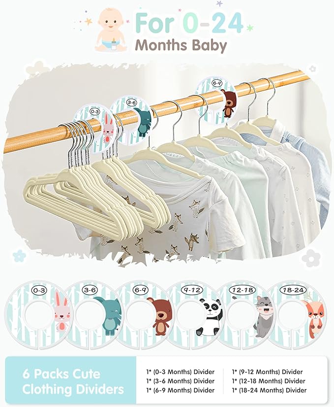 Baby Hangers, VIS'V 11 Inch Beige Velvet Kids Hangers with 6 Pcs Size Dividers Non Slip Nursery Children Closet Clothes Hangers for Infant Toddler Girls and Boys 50 Pcs