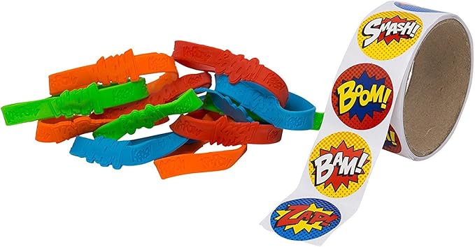Superhero Party Supply Set: Superhero Sticker Roll (100 Stickers), 24 Piece Superhero Sayings Bracelets, & 24 Plastic Superhero Stampers - Great Addition To Your Superhero Party Supplies & Favors