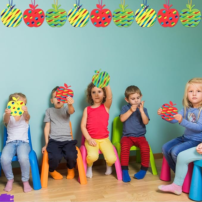 Liliful 60 Set Fall Crafts for Kids Thanksgiving Scratch Crafts Apple Arts and Crafts with Ribbon Wooden Stylus Hanging Craft Kit for Fall Autumn Home Activities School Game Classroom Decoration