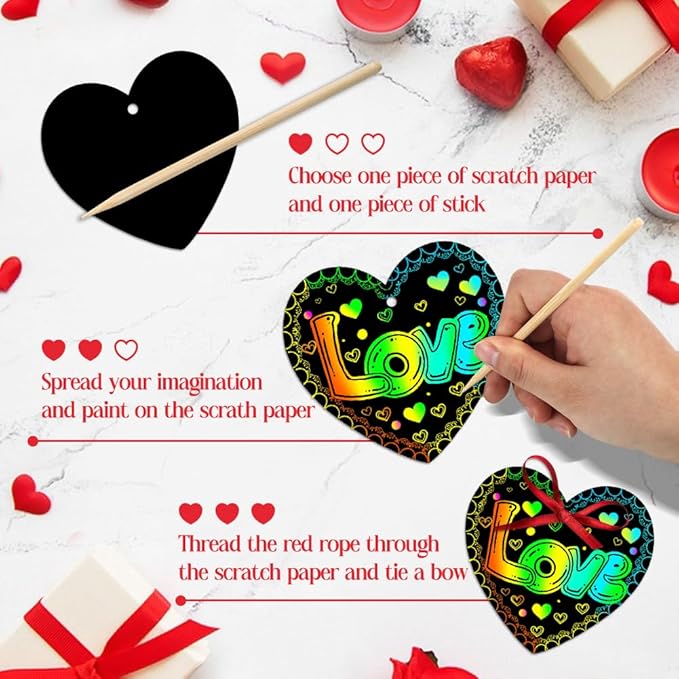 MDCGFOD 50 Pack Valentines Day Gifts for Kids, Rainbow Scratch Heart Crads Valentine Crafts for Kids - Create Magic Color Scratch Art for School Classroom Exchange Prizes Valentines Party Favors