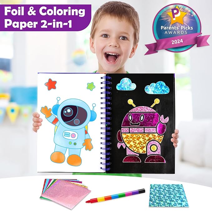 Foil Art Craft Activity for Kids: Fun DIY Toy Sticker Kit, No Mess Creative Travel Supply Set, Idea Birthday Easter Basket Stuffers Valentines Gift for Girl Boy Toddler 4 5 6 7 8 9 Year Old（Space）