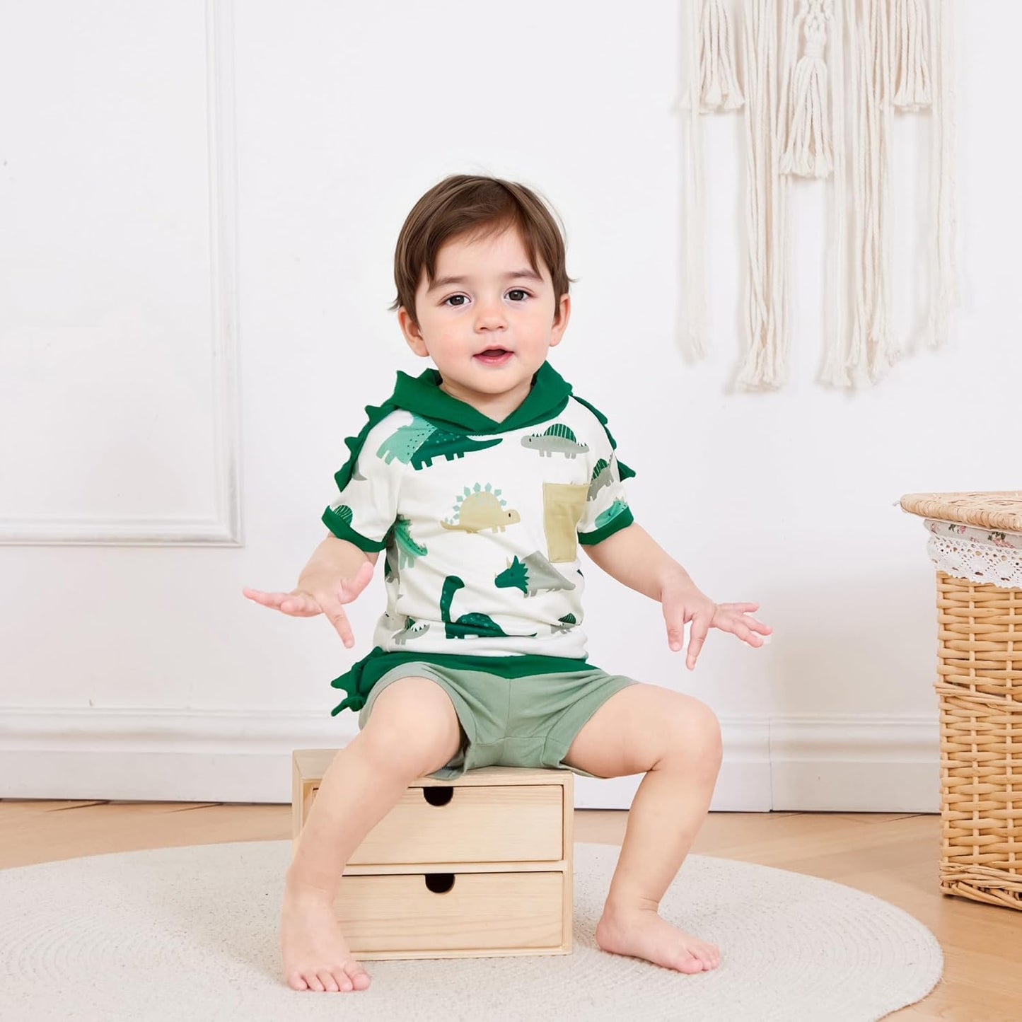 Toddler Baby Boy Summer Hooded Outfit Contrast Color Short Sleeve T Shirt Top Elastic Shorts Summer Clothes Set