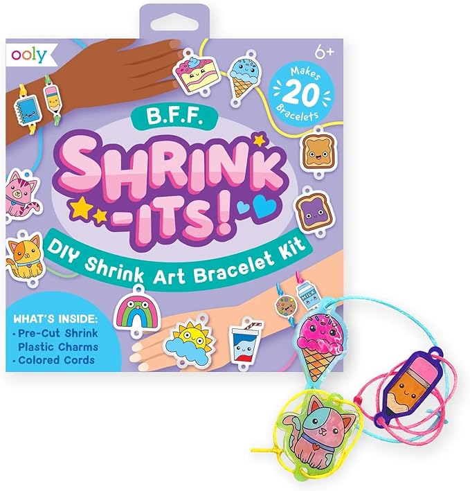 Ooly Shrink-Its 24 PC DIY Shrinking Art Bracelet Kit That Creates BFF Bracelets, Includes 20 Plastic Pre Cut Charms and More No Mess Art for Kids, DIY Creative Activity, Party Favor - BFF Bracelets
