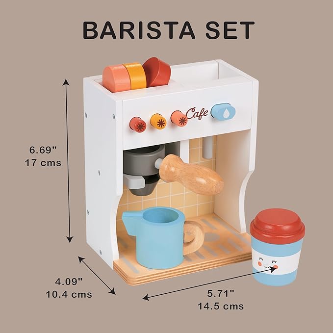 Mentari Toys - Barista Set - Wooden Coffee Machine Pretend Food Play Toy with Espresso Capsules and Cups - Made with Premium Materials and Craftsmanship - Age 3+