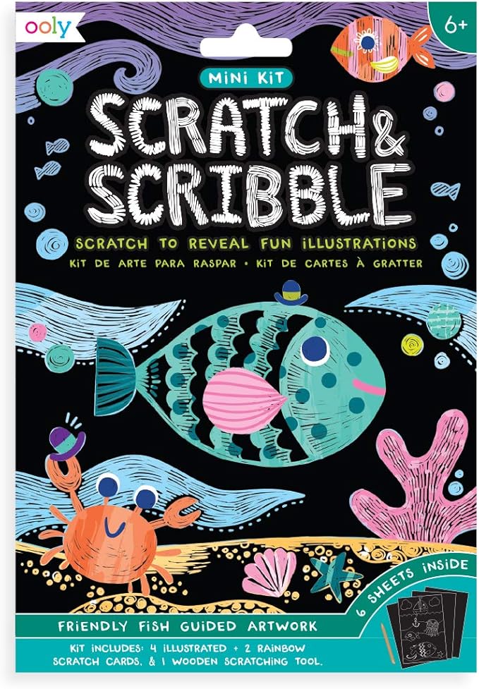 Ooly Mini Scratch & Scribble Art Kit: Friendly Fish, Colorful Scratch Book for Kids Ages 6 and Up, Creative Arts and Crafts Activity for Girls & Boys, Great Travel or Birthday Party Art Kit