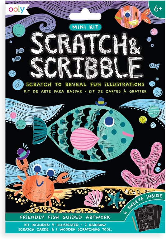 Ooly Mini Scratch & Scribble Art Kit: Friendly Fish, Colorful Scratch Book for Kids Ages 6 and Up, Creative Arts and Crafts Activity for Girls & Boys, Great Travel or Birthday Party Art Kit