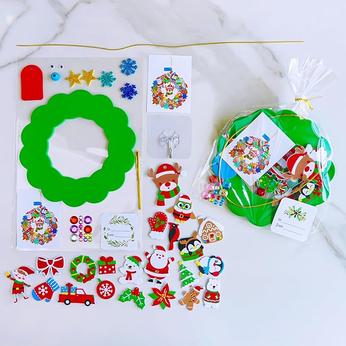 Winlyn 12 Sets Christmas Craft Kits Holiday Crafts DIY Christmas Wreath Ornaments Decorations Art Sets Xmas Snowmen Snowflake Festive Winter Foam Stickers Arts and Crafts for Kids Classroom Activities