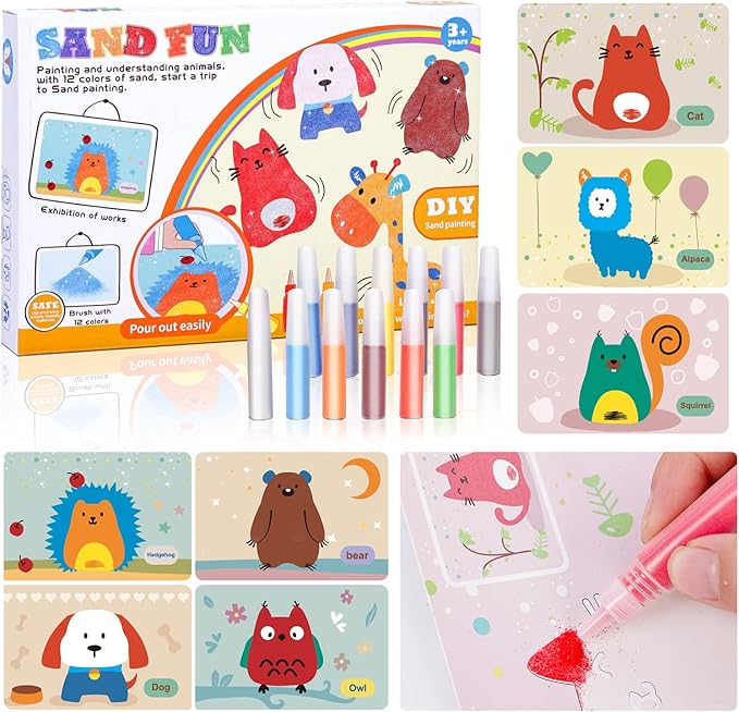 Colorful Sand Art Kit Crafts for Kids Ages 4-8,12 Colored Sands,16 Animal Sand Art Pictures - DIY Crafts Set for Girls and Boys,Arts and Crafts for Kids Ages 8-12