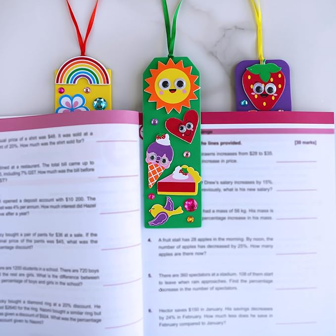 Winlyn 36 Sets Cute Crafts Kits DIY Colorful Whimsical Bookmarks Decorations Art Sets Fruits Sweet Treats Animals Sun Rainbow Foam Stickers for Kids Classroom Activities Reading Rewards Party Favors