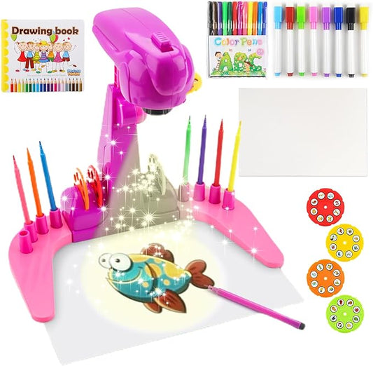 Kids Projection Drawing Toy,Smart Kids Projection Drawing Sketcher with 32 Cartoon Patters,Adjustable Art Sketcher Projector with 12-Color Watercolor Pens,8-Color Erasable Pens,Pink