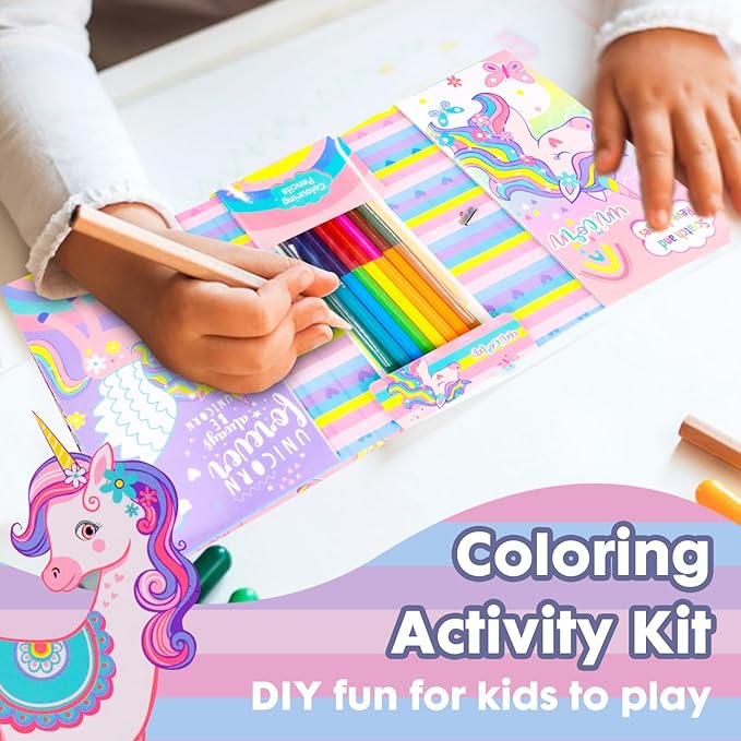 Unicorn Coloring Book Set with Coloring Pages & Colored Pencils, Art Supplies for Kids Ages 4-6-8, Arts Crafts Travel Coloring Kit for Girls 4 5 6 7 8 Year Old Birthday Gift