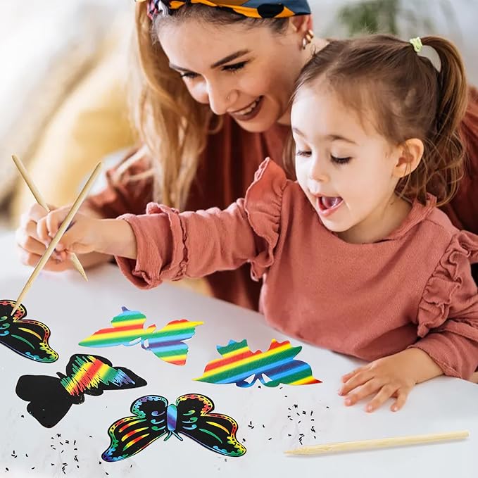 Mezchi 120 Pcs Butterfly Scratch Art for Kids, Rainbow Scratch Paper with 12 Wooden Stylus, Black Scratch Off Paper for Kids, Butterfly Crafts for Kids DIY Crafts, Scratch Art Party Favors,12 Styles