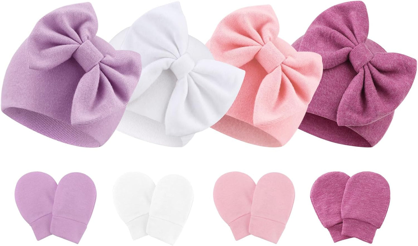 BQUBO Newborn Baby Hats Mittens Set Hospital Hat Beanie Infant Bow Hats Baby Gloves No Scratch Mittens for 0-6 Months