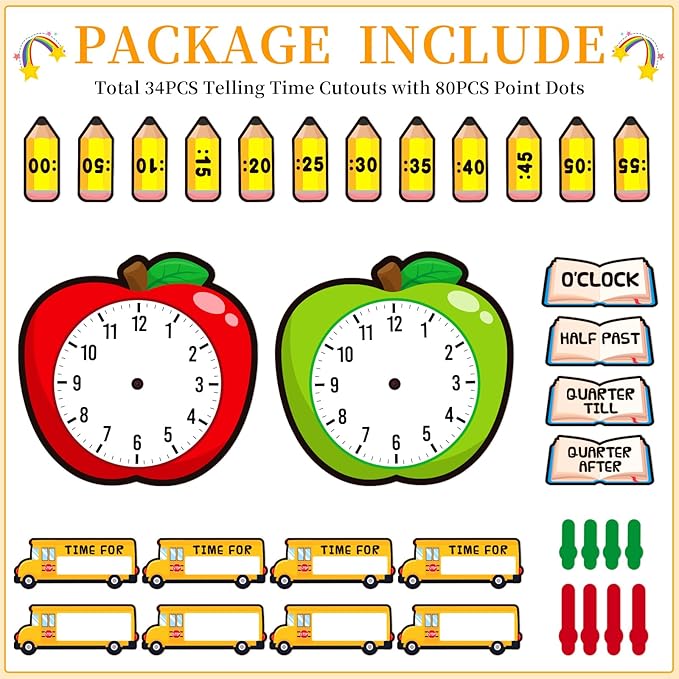 WhatSign Telling Time Bulletin Board Set Telling Time Teaching Clock for Kids 34Pcs Learning to Tell Time Clock Telling Time Clock for Classroom Must Have Bulletin Board Decorations
