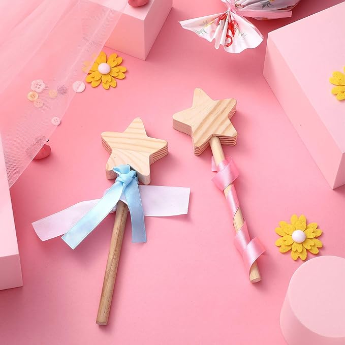 BBTO 24 Pieces Make Your Own Princess Wand Kit Include 2 Wooden Star Wands, 2 Dowels, 4 Satin Ribbons, 2 Gem Stickers, 6 Paints, 2 Paintbrushes, 6 Glitter Glues Pens Fairy Wand Art Craft Kit for Girl