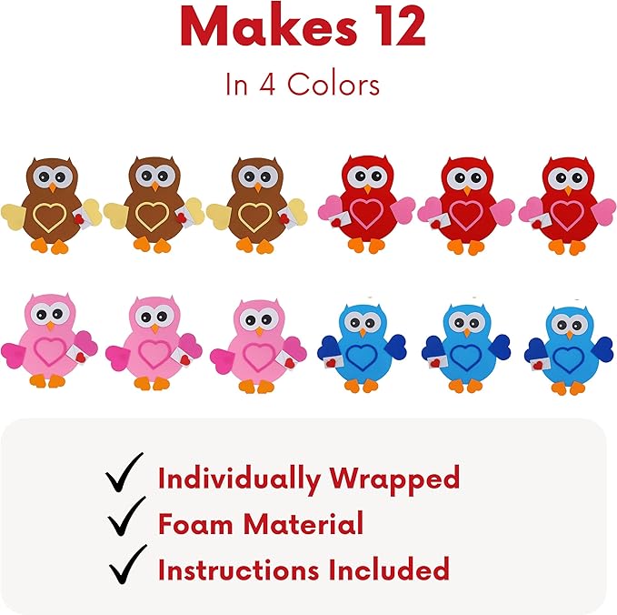 Valentines Day Owl Magnet Craft for Kids (12 Pack) Foam Valentines Day Craft for Kids Classroom DIY Activity Bulk, Individually Wrapped by 4E's Novelty
