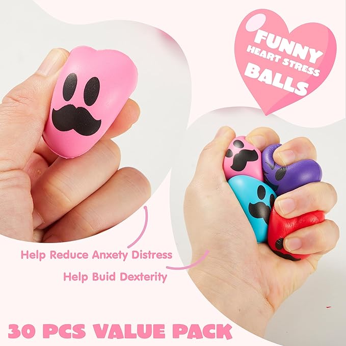 JOYIN 30 Pcs Valentine's Day Heart Shape Stress Ball, Valentines 1.5 inch Heart Squeeze Ball Squishy Toy Exchange Gift for Kids, Stress Relief Party Favors, Holiday Reward Prizes