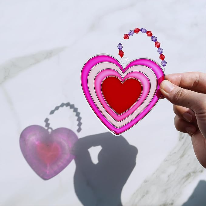 Winlyn 24 Sets Heart Suncatchers Ornaments Decorations DIY Window Paint Art Stickers Craft Kits Heart Sun Catchers for Kids Valentine's Day Classroom Activities Art Project Party Favors Gift Exchange