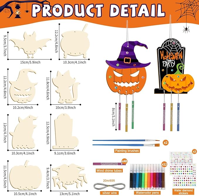 gisgfim 16 Pack Halloween Wind Chime Kits Crafts for Kids Make Your Own Ghost Wind Chime Wooden DIY Arts and Crafts for Halloween Party School Classroom Decoration Supplies Birthday Favors