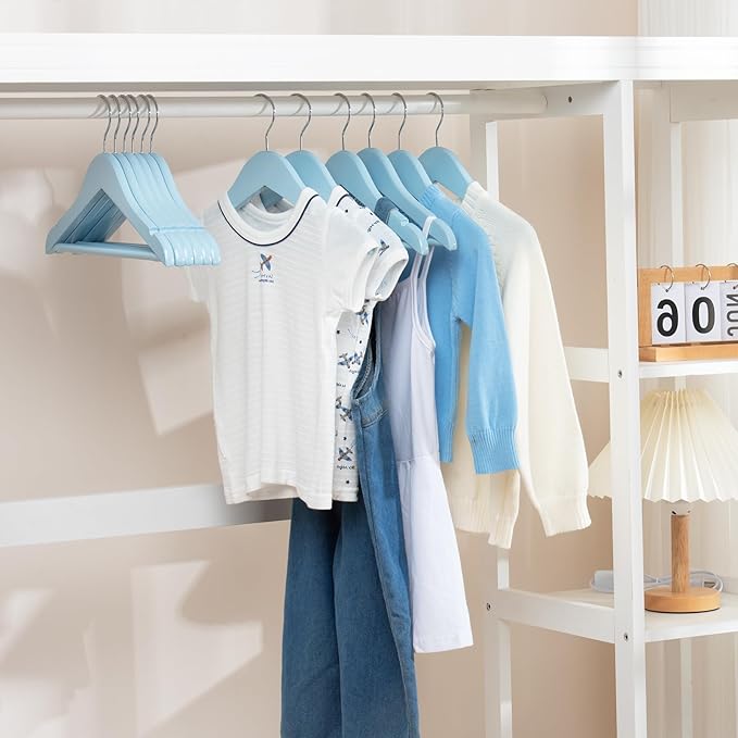 FairyHaus Kids Wooden Hangers 20Pack Blue, 12.8 Inch Baby Wooden Hangers for Closet, Anti-Rust 360° Swivel Hook, Notches & Smooth Finish, Natural Solid Wood Childrens Hangers for Clothes