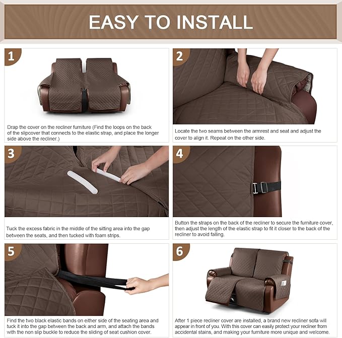 KinCam Loveseat Recliner Covers for 2 Seat, 100% Waterproof Reclining Loveseat Covers, Non-Slip Recliner Cover Furniture Protector with Elastic Straps for Pets, Kids, Brown