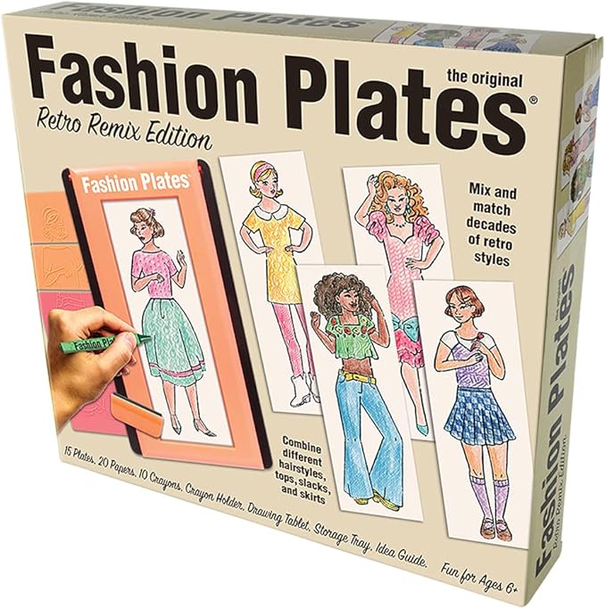Fashion Plates Retro – Girls Fashion, Mix-and-Match Drawing Kit, Arts and Crafts, Coloring, Art Supplies, Craft Supplies, Stencils, Crayons Included, Create Your Own Fashion Designs, Ages 6+