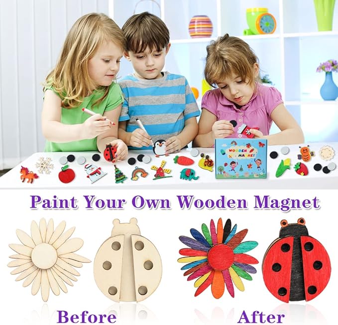 Worgree DIY Wooden Magnets, 36 pcs Wooden Art Craft Supplies Painting Kit for Kids Party Favors for Boys Girls Ages 4-8 8-12 Birthday Easter Crafts Gifts Toys Basket Goodie Bag Stuffers