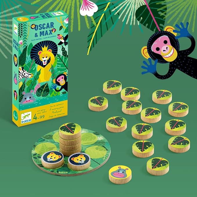 DJECO Oscar & Max Board Game - Jungle Adventure with Memory Challenge - Includes 37 Wooden Game Pieces - Fun Educational Family & Children Bonding Activity - Toys for Boys & Girls, 4+ Years