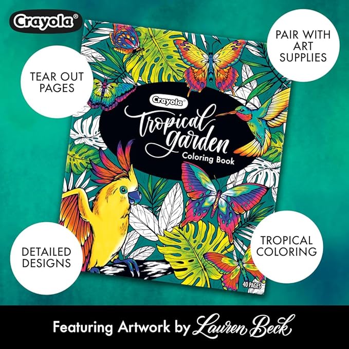 Crayola Tropical Garden Adult Coloring Book (40pgs), Adult Coloring Pages, Stress Relief Activity, Gift for Teens & Adults, 9+