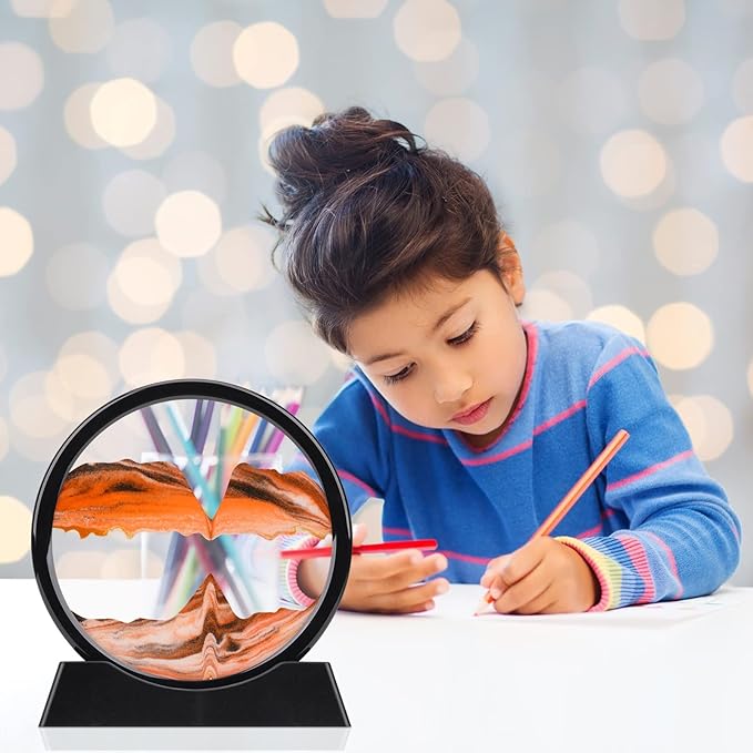 QLKUNLA Moving Sand Art Picture Liquid Motion 3D Deep Sea Sandscape in Motion Display Flowing Sand Frame Relaxing Desktop Home Office Work Decor Art Toys (7 inch, Orange)