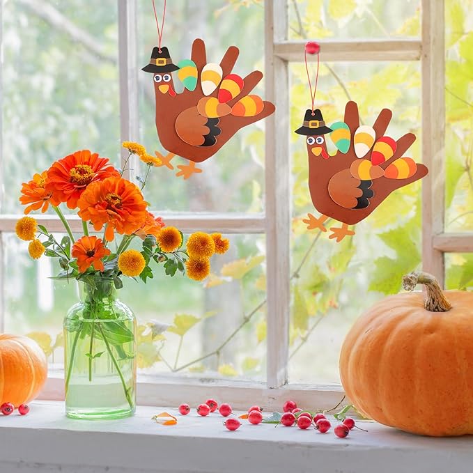 ShinyRelief 24 Sets Thanksgiving Craft Kit Fall Handprint Turkey Making Kit Hanging Art and Craft 5.9 Inch for Thanksgiving Party Game