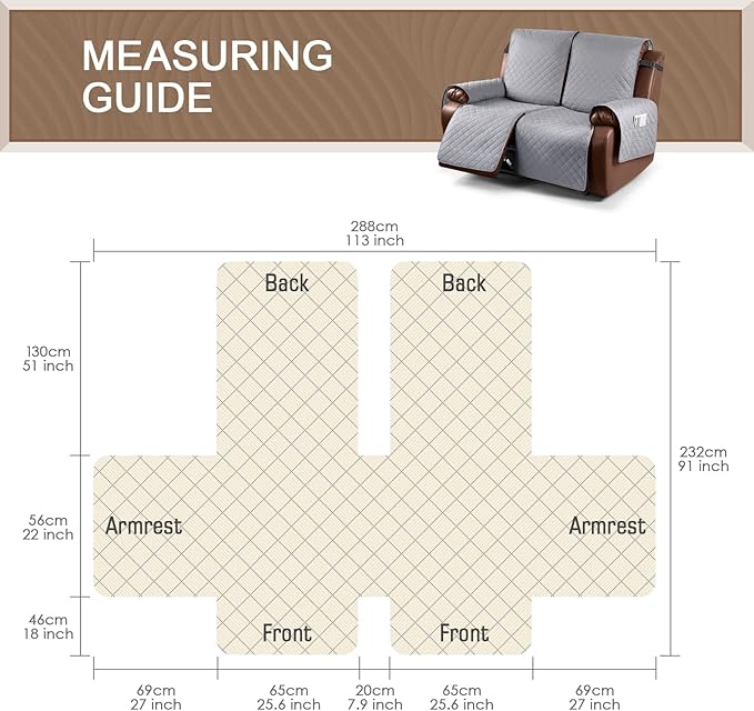 KinCam Loveseat Recliner Covers for 2 Seat, 100% Waterproof Reclining Loveseat Covers, Non-Slip Recliner Cover Furniture Protector with Elastic Straps for Pets, Kids, Light Gray