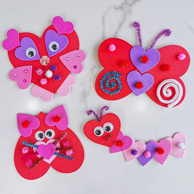 Winlyn Craft Kit, 24 Sets Valentine's Day Animal Ornaments, DIY Heart Crafts Stickers, Art Sets for Kids Party Classroom Activities Gift Exchange
