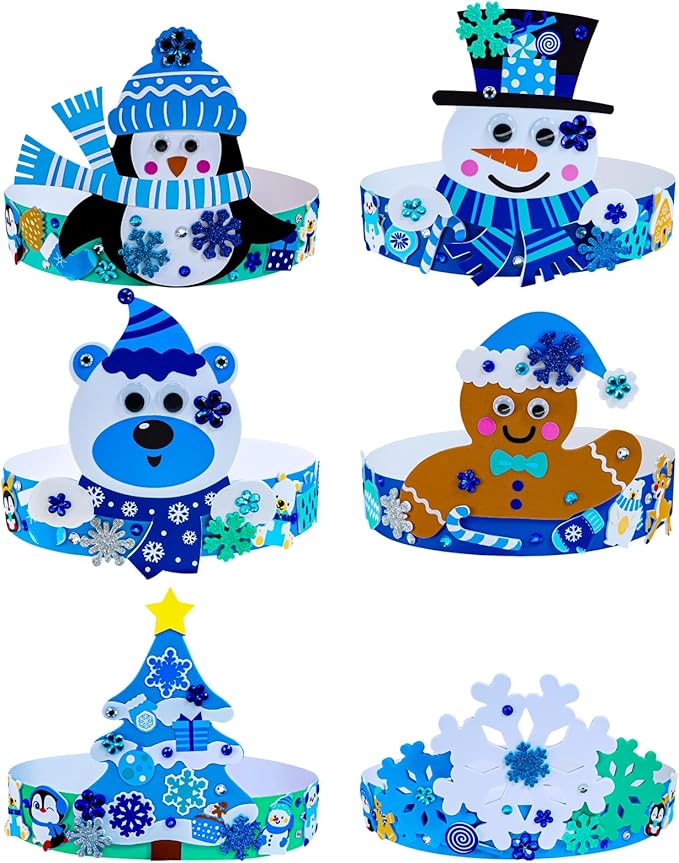 Winlyn 24 Sets Winter Craft Kits Christmas Crafts DIY Winter Holiday Headbands Craft Kits Snowflake Snowman Penguin Foam Stickers Winter Arts and Crafts for Kids Classroom Art Activities Party Favors