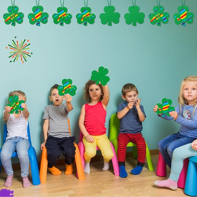 Liliful 60 Set St. Patrick's Day Crafts for Kids Shamrocks Colorful Scratch with 30 Wooden Scratch Tools Green Shamrocks Hanging Craft Art Kit for Kids Gifts St. Patrick's Day Party School Favors