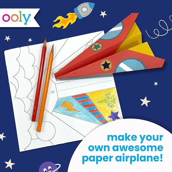 Ooly DIY Paper Airplane Book, 24 Paper Planes & Stickers, Kit Includes 12 Completed, 6 Blank and 6 Color-in Planes, Great Summer Arts & Crafts Activities for Boys and Girls