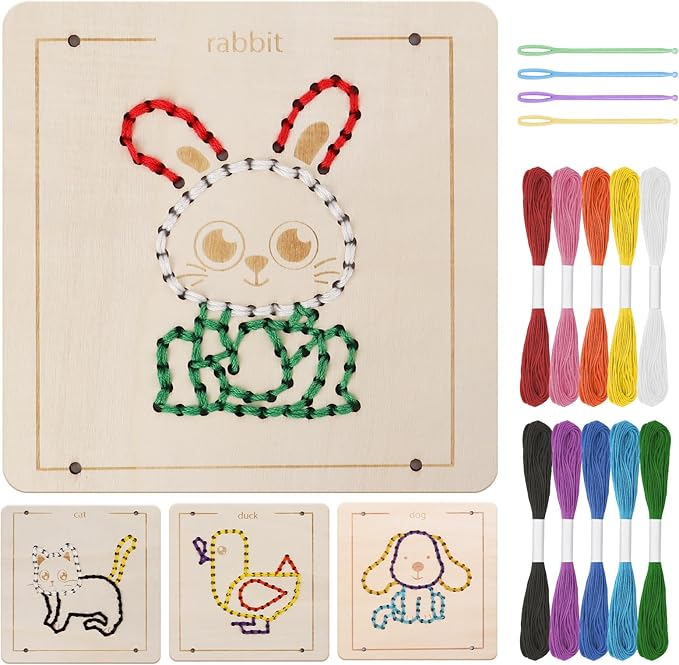 Montessori Wooden Lacing Toys for Toddlers and Kids Ages 2-4 5-7, Sewing Kit Fine Motor Skill Busy Board, Education Sensory Preschool Toy for 1 2 3 4 Year Olds, Birthday Gift for Boys and Girls