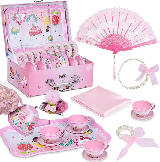 Tea Party Set for Little Girls, Tin Tea Set with Gloves Fan Necklace Bracelet Dress Up Accessories, Princess Tea Time Toys, Kitchen Pretend Play Toy, Birthday Gifts for Kids Toddler Age 3-8