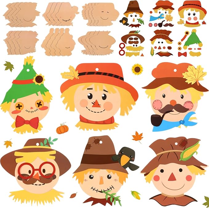 Yexiya 24 Pieces Fall Scarecrow Head Craft Kits Assorted Scarecrow DIY Ornaments for Kids Art Gift Favors Autumn Thanksgiving Project Home Classroom Game Activities