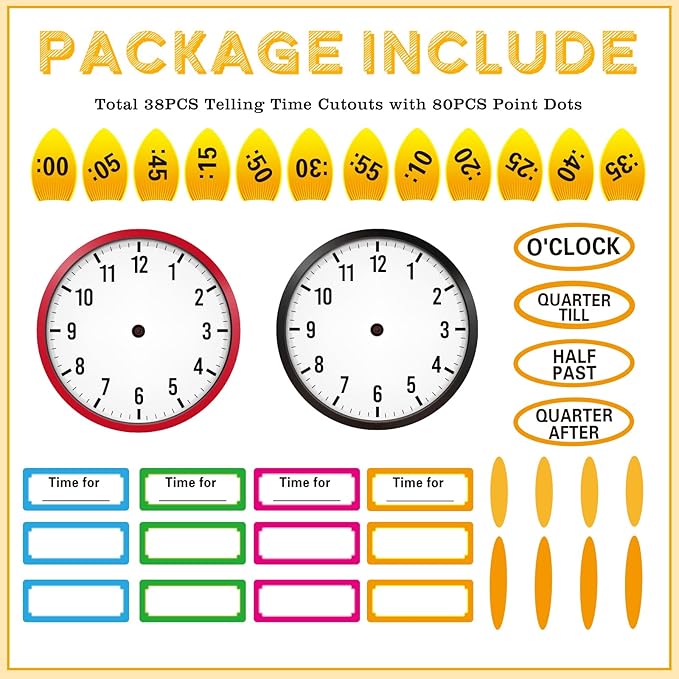WhatSign Telling Time Bulletin Board Decorations 38Pcs Telling Time Bulletin Board Set Learning to Tell Time Clock Cutouts Telling Time Teaching Clock for Kids Classroom Must Have Teacher Supplies