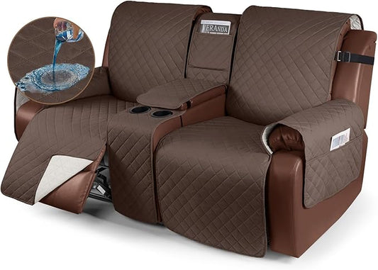 KinCam 100% Waterproof Recliner Loveseat Cover with Console, Non-Slip Reclining Couch Covers for 2 Seat, Recliner Sofa Cover Furniture Protector with Elastic Straps for Kids, Pets, Deep Brown