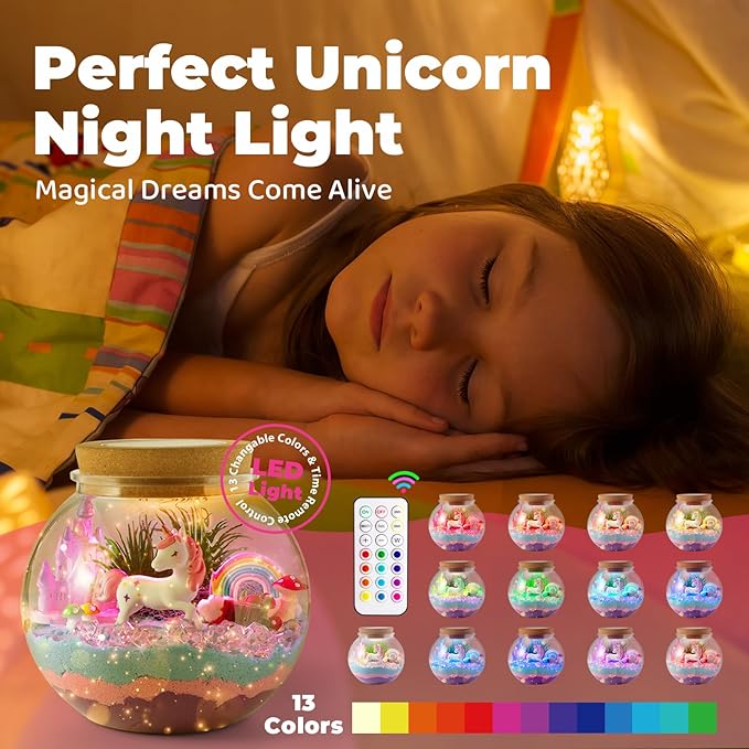 JOYEEMAX Unicorn Light-Up Terrarium Kit for Kids - LED Night Light Birthday Gift for Girls Ages 4 5 6 7 8-12 Year Old - Unicorn Toys for Girls - DIY Arts and Crafts Kit for Kids - Best Girls Presents