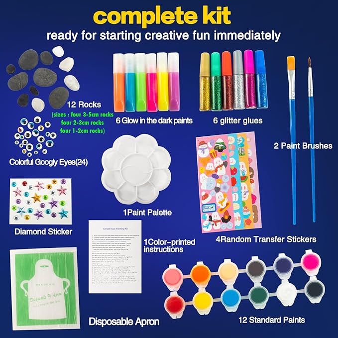 TJRTJR Rock Painting Kit-Glow in The Dark Rocks Kit-Pet Rocks for Kids-Arts and Crafts for Kids-Crafts Painting Kit-Birthday Gift for Kids Ages 6-9-Rock Painting kit for Adults-Rock for Painting