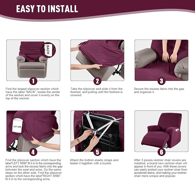 KinCam Recliner Covers, Stretch Reclining Chair Covers, Recliner Sofa Slipcovers Stripe Jacquard Recliner Couch Covers Furniture Protector Covers for Pet Kid (1 Seater, Burgundy)
