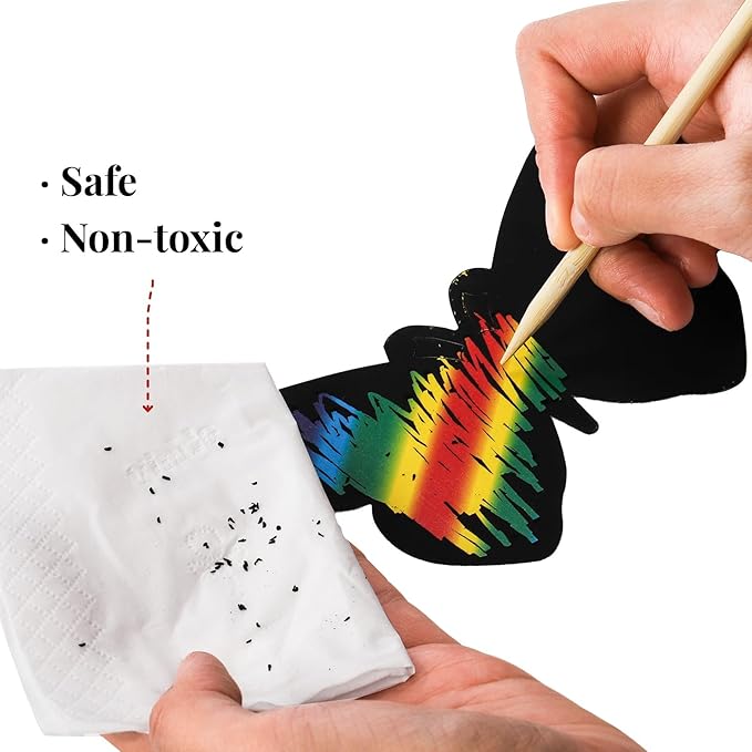 Mezchi 120 Pcs Butterfly Scratch Art for Kids, Rainbow Scratch Paper with 12 Wooden Stylus, Black Scratch Off Paper for Kids, Butterfly Crafts for Kids DIY Crafts, Scratch Art Party Favors,12 Styles