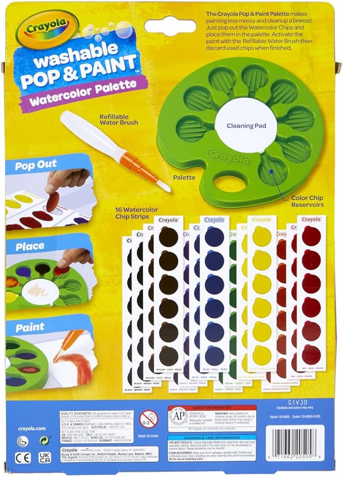 Crayola Watercolor Pop & Paint Palette, Washable Paint Kit, Less Mess Watercolor Paint Set for Kids, Arts & Crafts, Toddler Gifts